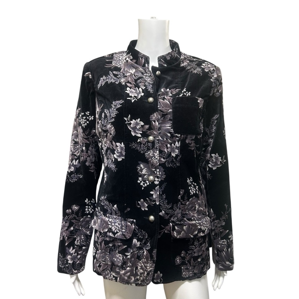 Vintage Beautiful Black Purplish Gray Floral Velour Cotton Blazer Jacket Size 12